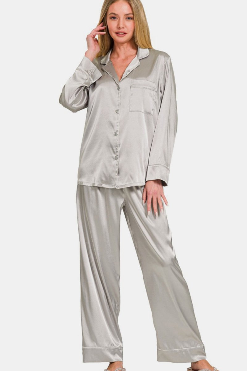 Zenana Satin Long Sleeve Shirt and Pants Pajama Set - S. M. & Co.