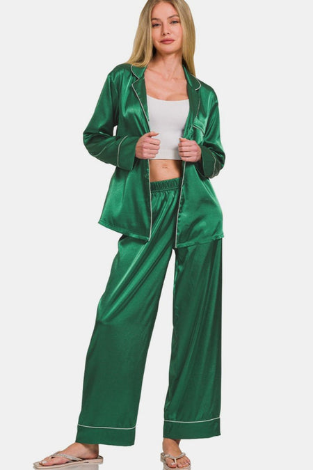 Zenana Satin Long Sleeve Shirt and Pants Pajama Set - S. M. & Co.