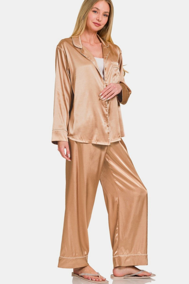 Zenana Satin Long Sleeve Shirt and Pants Pajama Set - S. M. & Co.