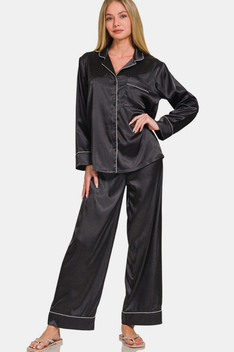 Zenana Satin Long Sleeve Shirt and Pants Pajama Set - S. M. & Co.