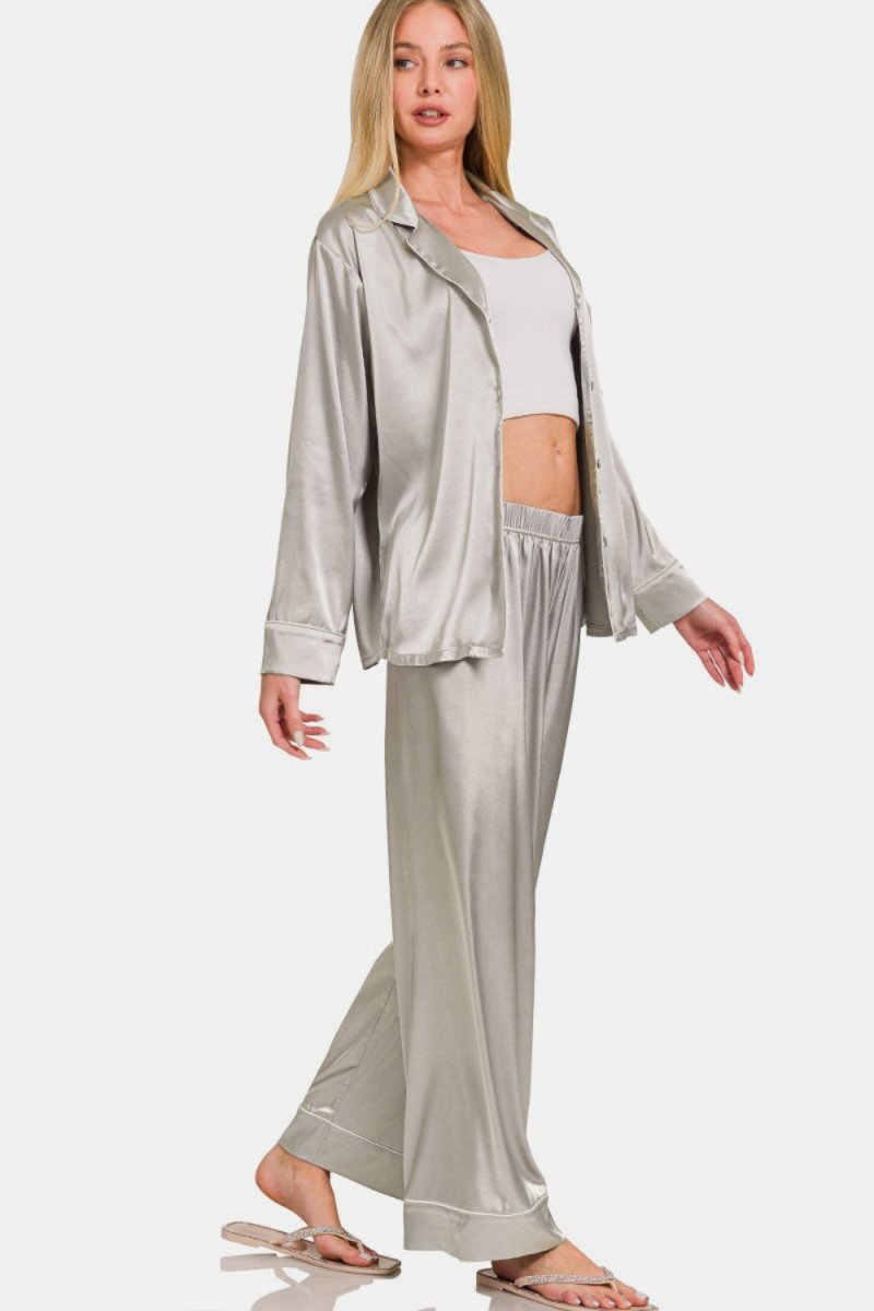 Zenana Satin Long Sleeve Shirt and Pants Pajama Set - S. M. & Co.