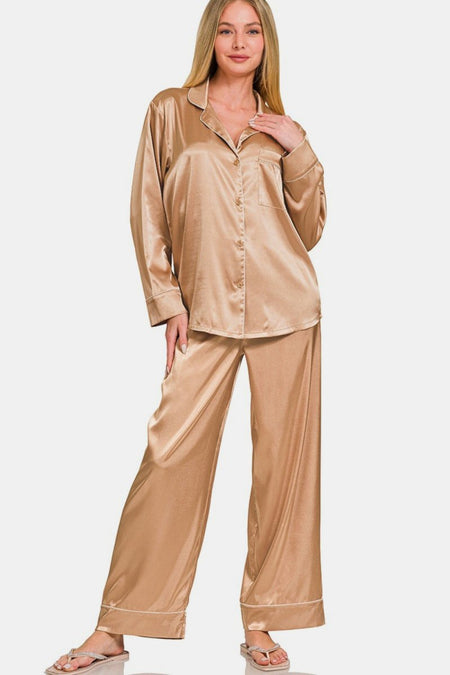 Zenana Satin Long Sleeve Shirt and Pants Pajama Set - S. M. & Co.