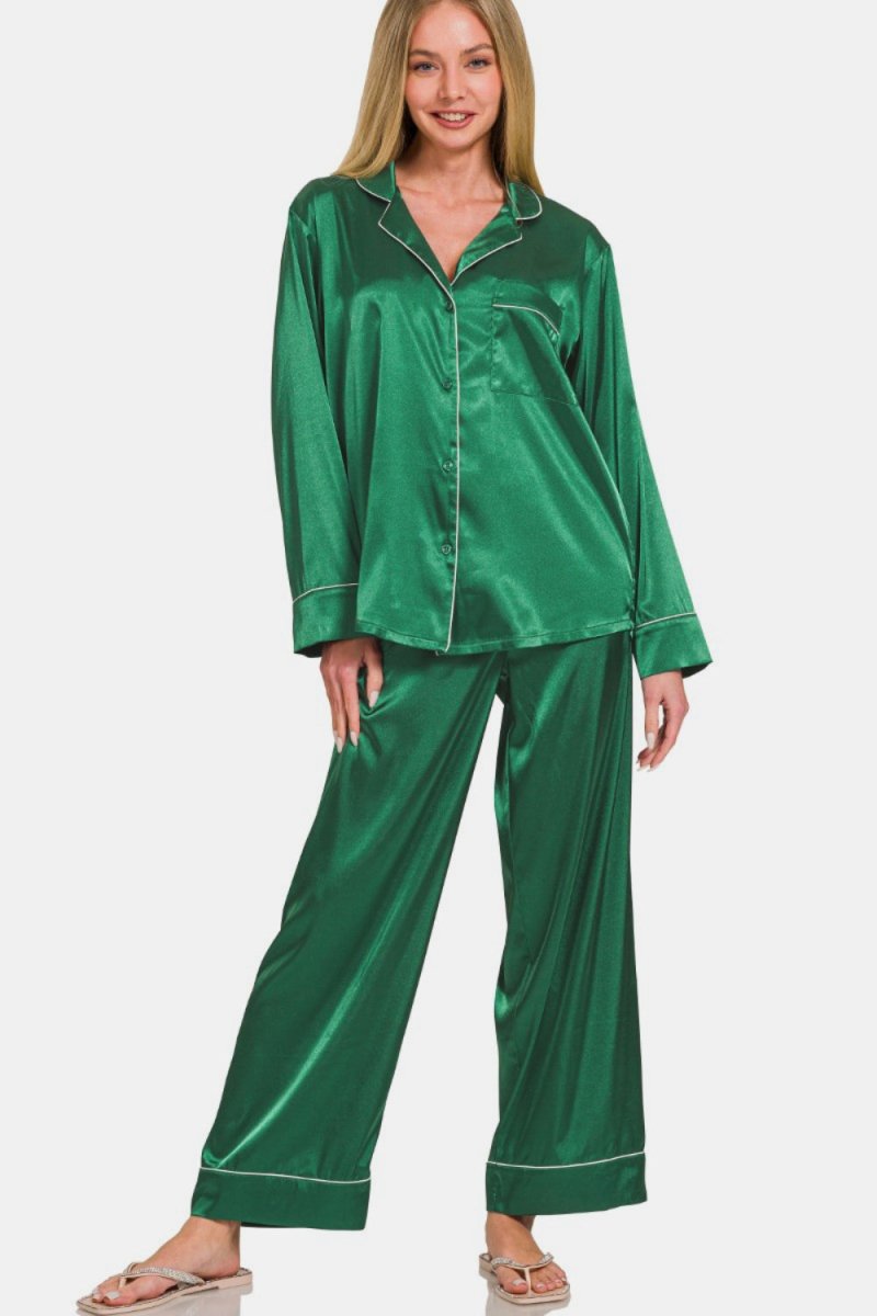 Zenana Satin Long Sleeve Shirt and Pants Pajama Set - S. M. & Co.