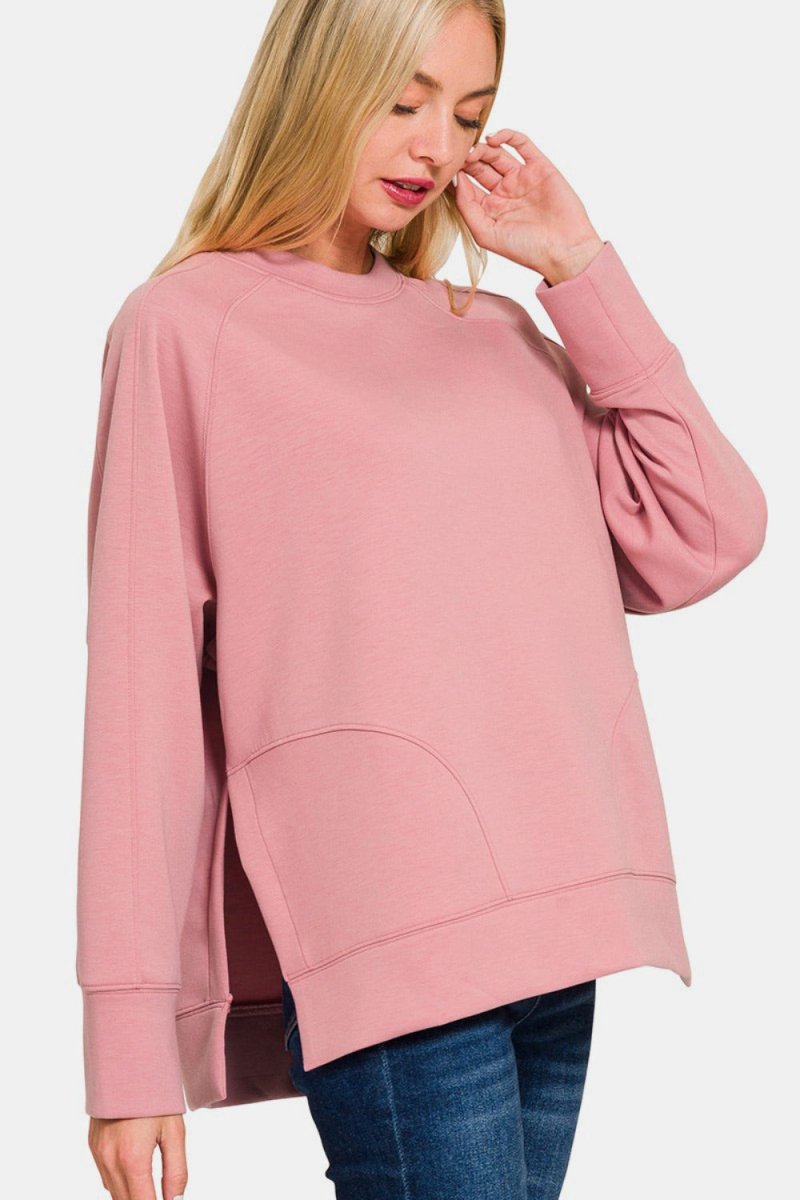 Zenana Scuba Round Neck Side Slit Sweatshirt - S. M. & Co.