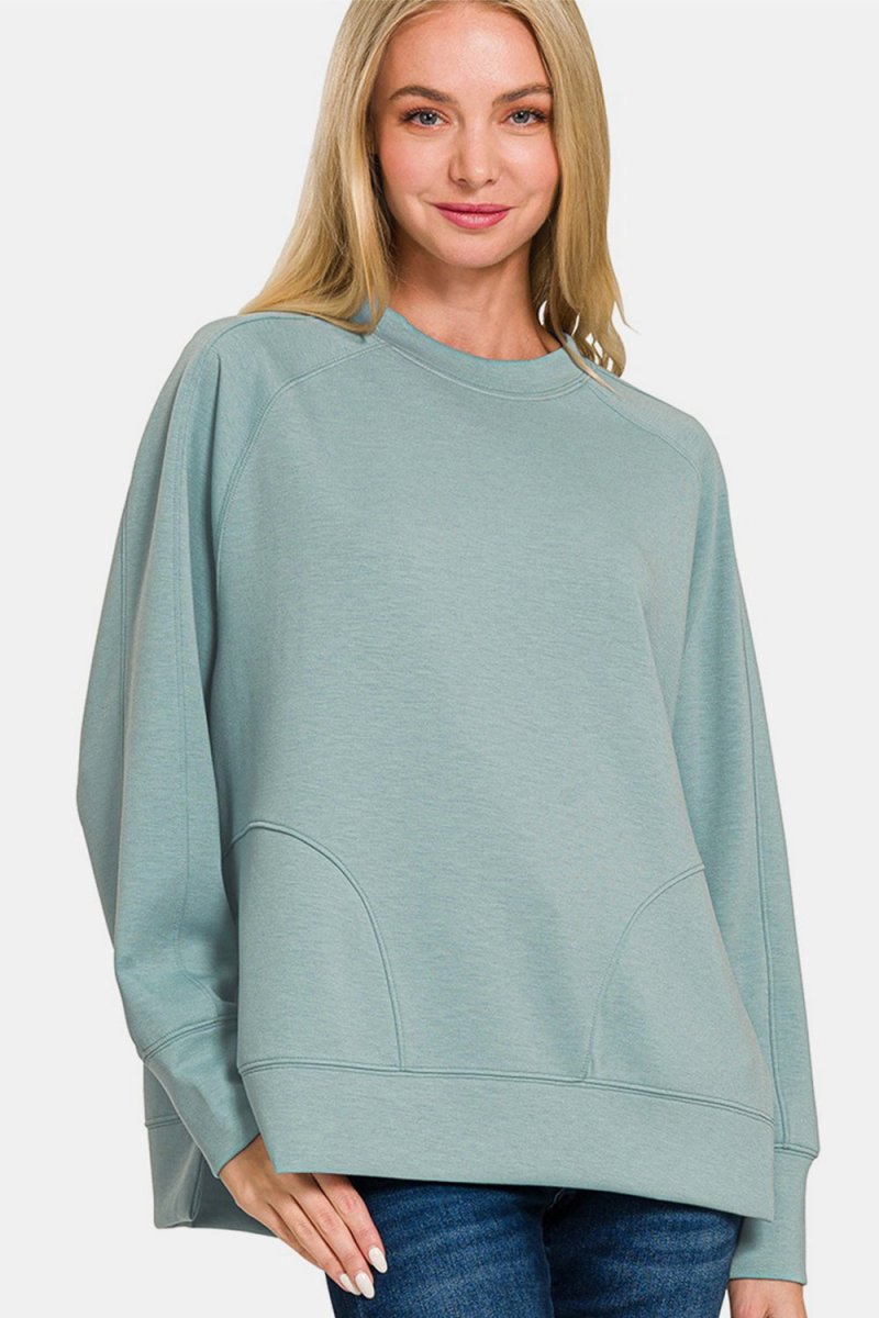 Zenana Scuba Round Neck Side Slit Sweatshirt - S. M. & Co.