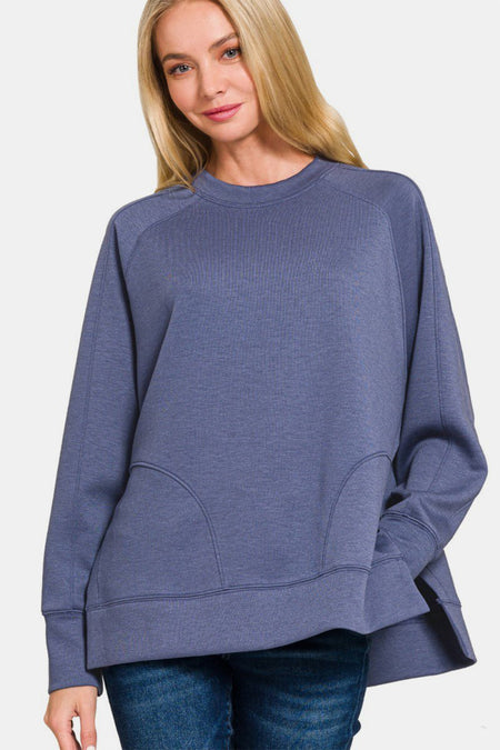 Zenana Scuba Round Neck Side Slit Sweatshirt - S. M. & Co.