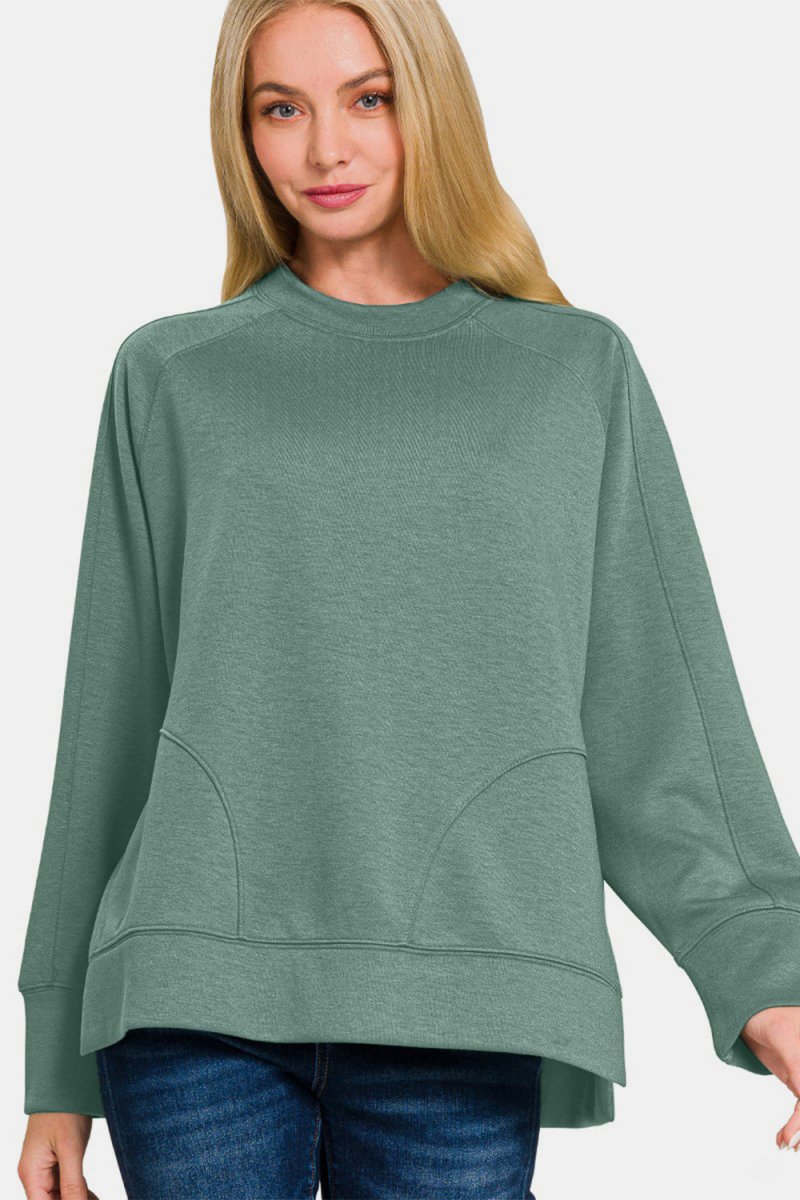 Zenana Scuba Round Neck Side Slit Sweatshirt - S. M. & Co.