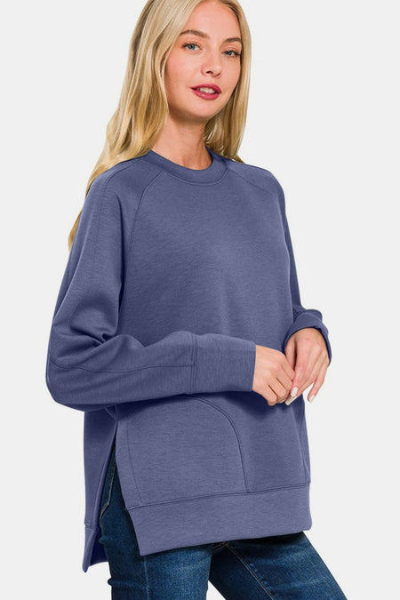 Zenana Scuba Round Neck Side Slit Sweatshirt - S. M. & Co.