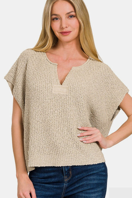 Zenana Short Sleeve Side Slit Sweater - S. M. & Co.