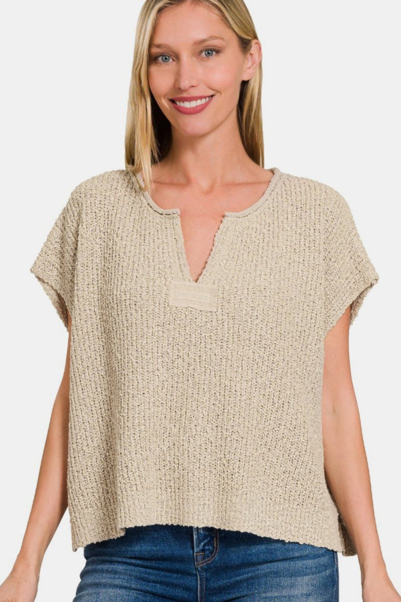 Zenana Short Sleeve Side Slit Sweater - S. M. & Co.