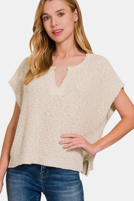 Zenana Short Sleeve Side Slit Sweater - S. M. & Co.