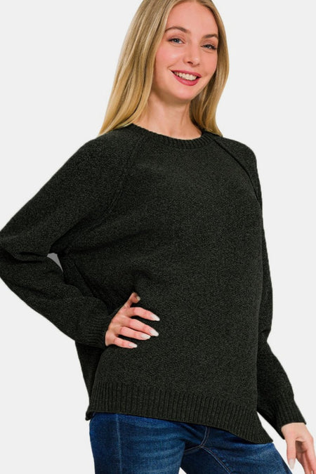 Zenana Side Slit Raglan Sleeve Sweater - S. M. & Co.