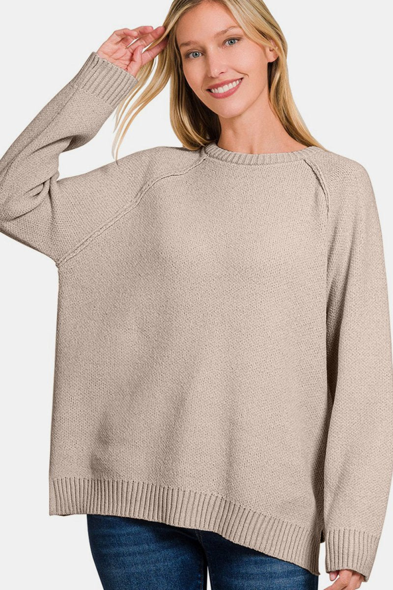 Zenana Side Slit Raglan Sleeve Sweater - S. M. & Co.