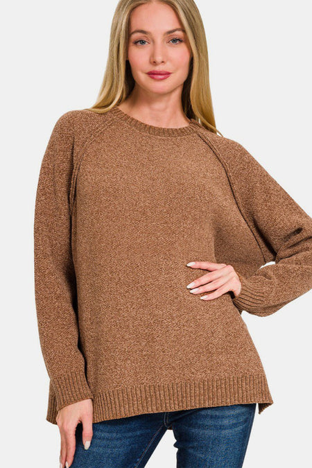 Zenana Side Slit Raglan Sleeve Sweater - S. M. & Co.