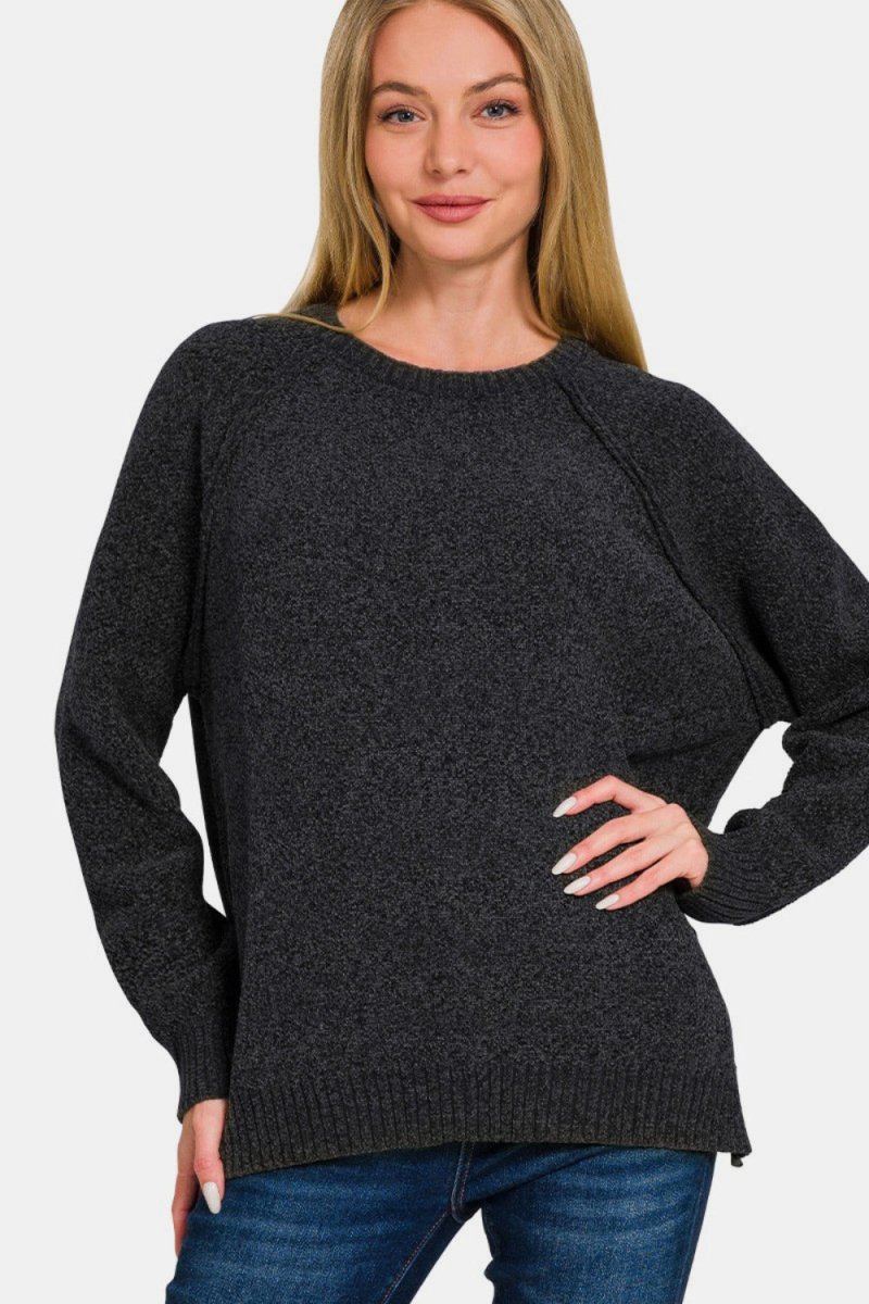 Zenana Side Slit Raglan Sleeve Sweater - S. M. & Co.