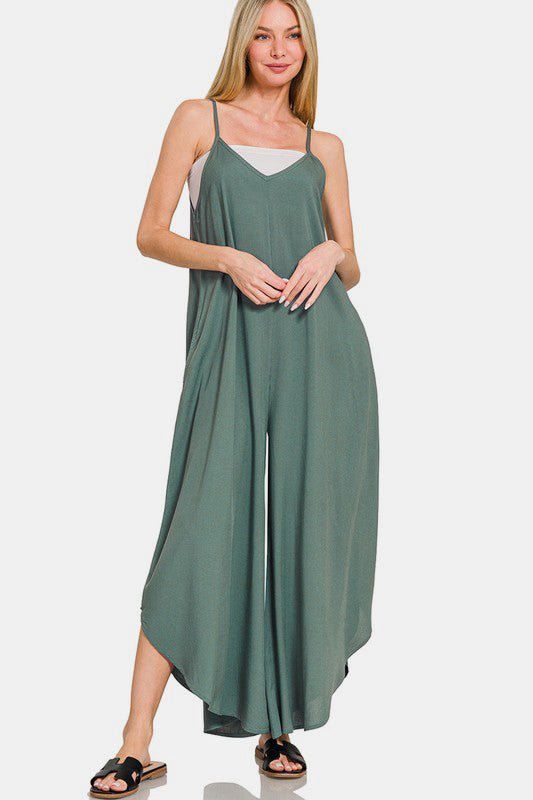 Zenana Sleeveless Curved Hem Wide Leg Overalls with Pockets - S. M. & Co.