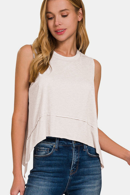 Zenana Slit High-Low Round Neck Tank - S. M. & Co. - Tops/Tank Tops