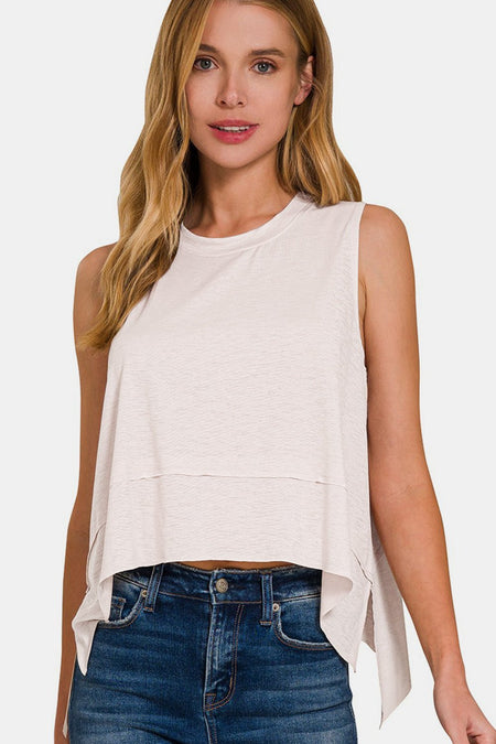 Zenana Slit High-Low Round Neck Tank - S. M. & Co. - Tops/Tank Tops