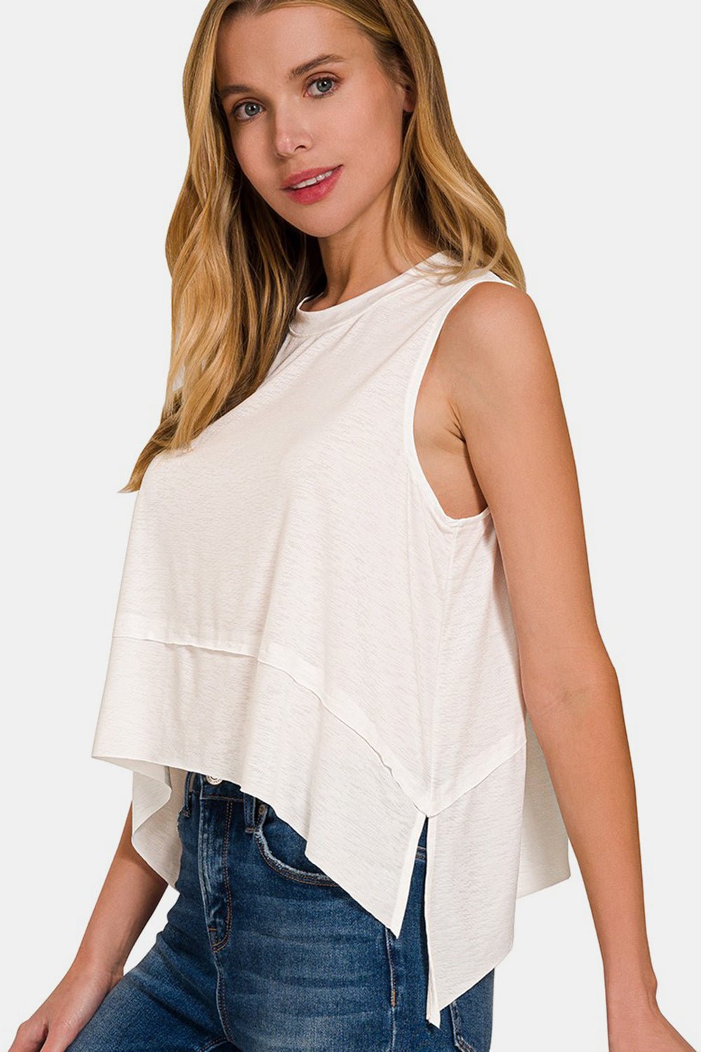 Zenana Slit High-Low Round Neck Tank - S. M. & Co. - Tops/Tank Tops