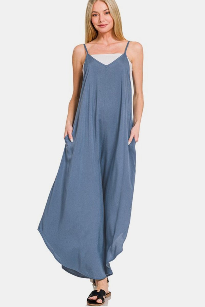 Zenana Spaghetti Strap Wide Leg Overalls with Pockets - S. M. & Co.