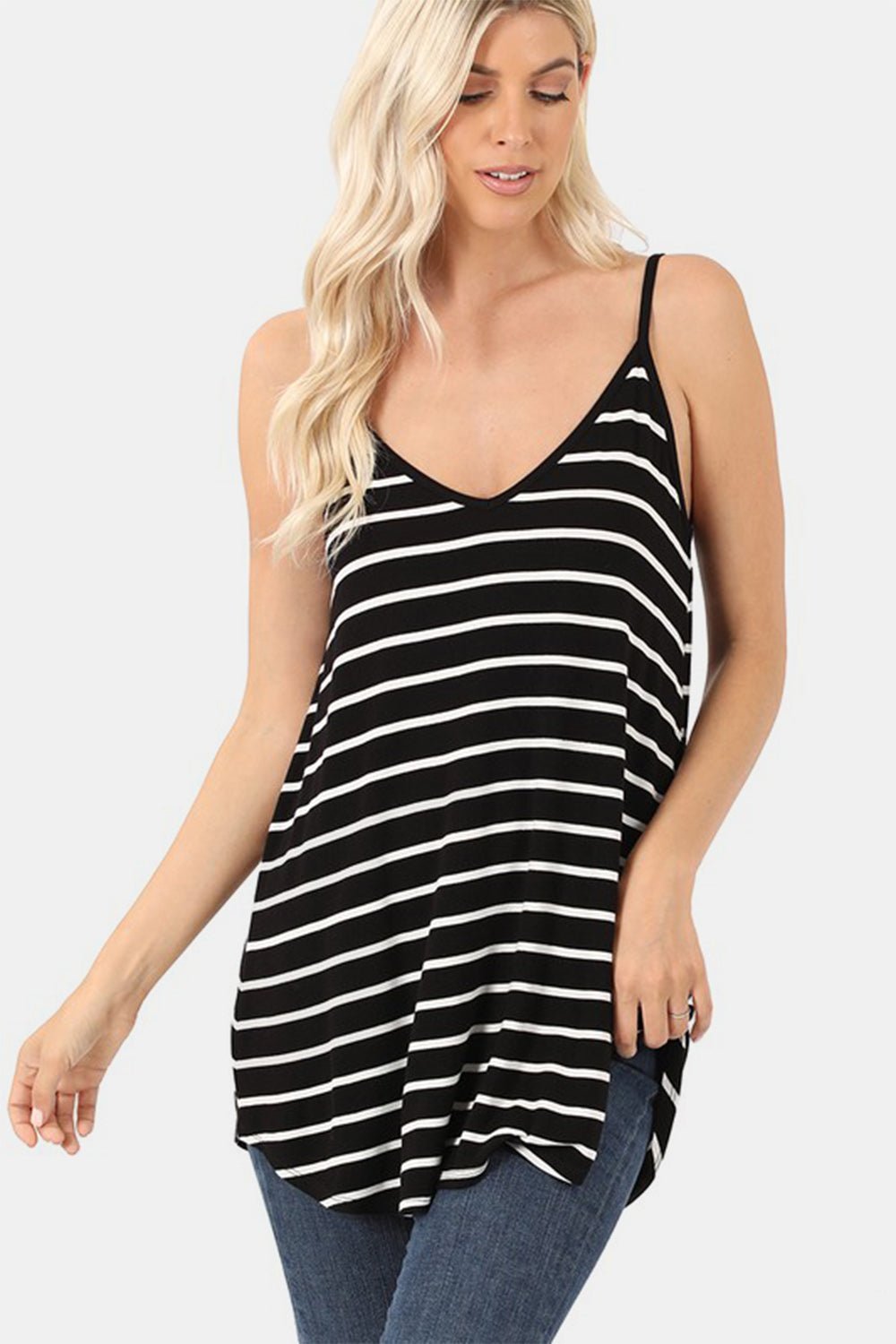 Zenana Striped V-Neck Curved Hem Cami - AnAs Market