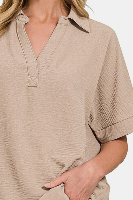 Zenana Texture Collared Neck Short Sleeve Top - S. M. & Co.