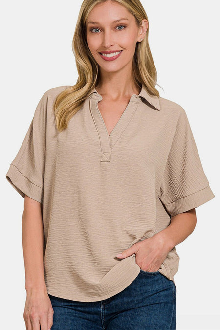 Zenana Texture Collared Neck Short Sleeve Top - S. M. & Co.