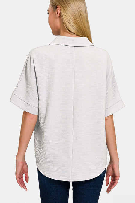 Zenana Texture Collared Neck Short Sleeve Top - S. M. & Co.