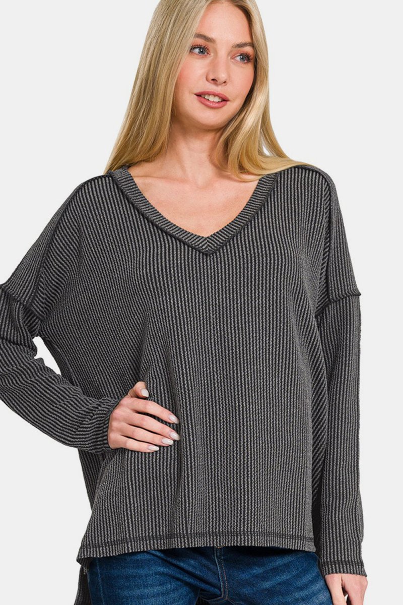 Zenana Texture Exposed Seam V - Neck Long Sleeve T-Shirt - S. M. & Co.