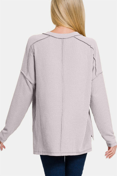 Zenana Texture Exposed Seam V - Neck Long Sleeve T-Shirt - S. M. & Co.