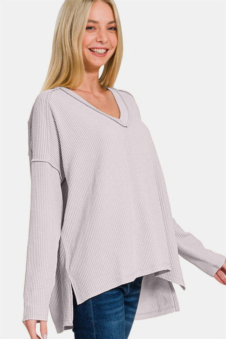 Zenana Texture Exposed Seam V - Neck Long Sleeve T-Shirt - S. M. & Co.