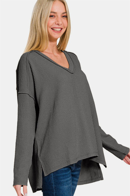 Zenana Texture Exposed Seam V - Neck Long Sleeve T-Shirt - S. M. & Co.