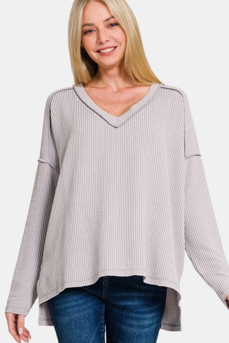 Zenana Texture Exposed Seam V - Neck Long Sleeve T-Shirt - S. M. & Co.