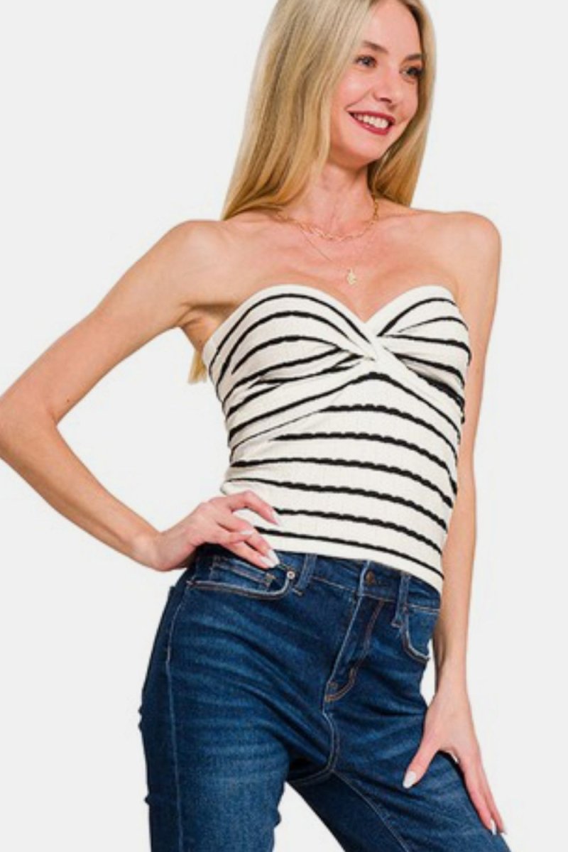 Zenana Twisted Sweetheart Neck Striped Tube Top - S. M. & Co.