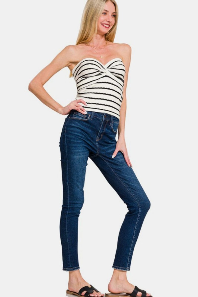 Zenana Twisted Sweetheart Neck Striped Tube Top - S. M. & Co.