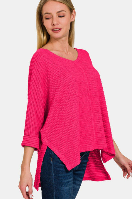 Zenana V - Neck High - Low Jacquard Knit Top - S. M. & Co.