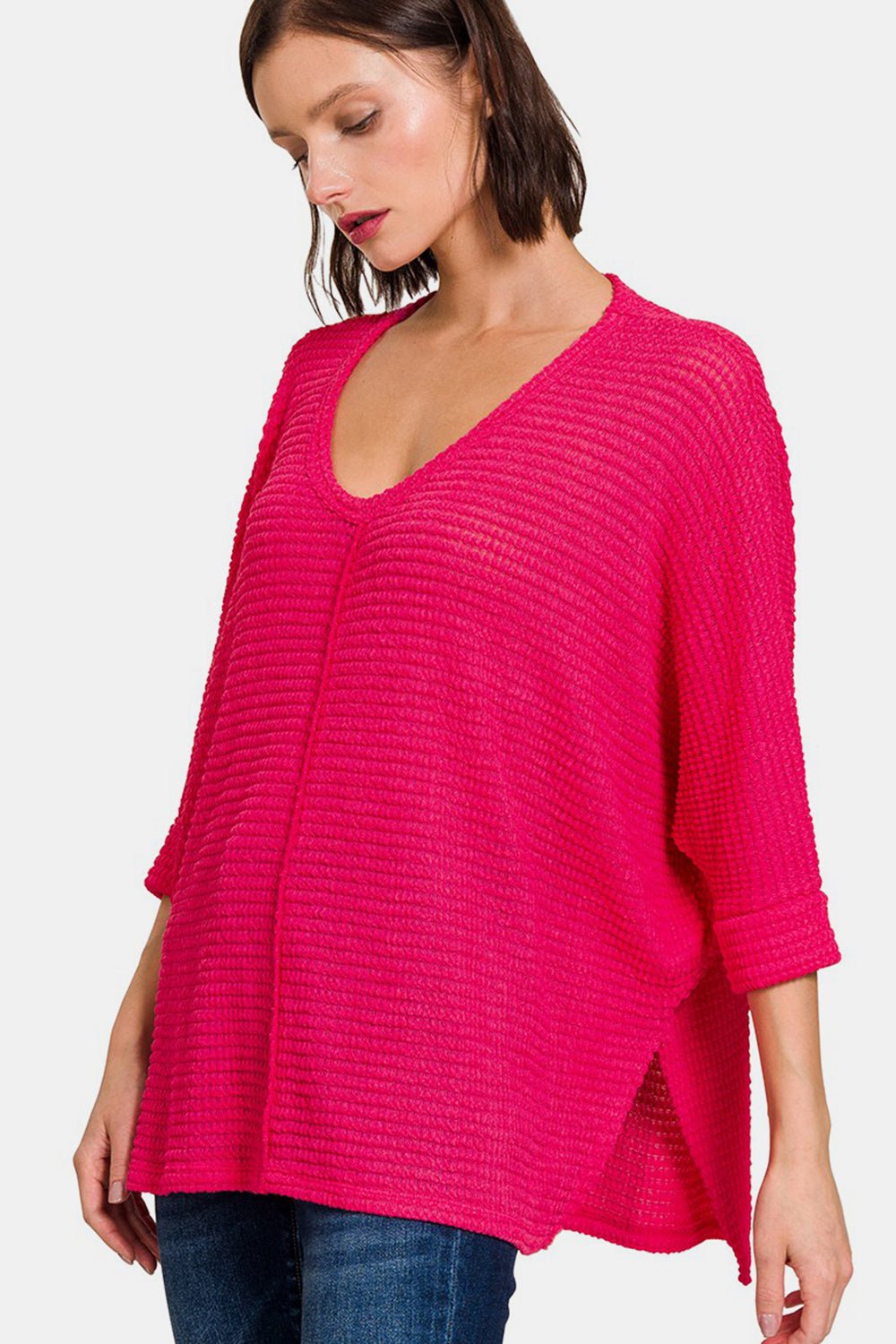 Zenana V - Neck High - Low Jacquard Knit Top - S. M. & Co.