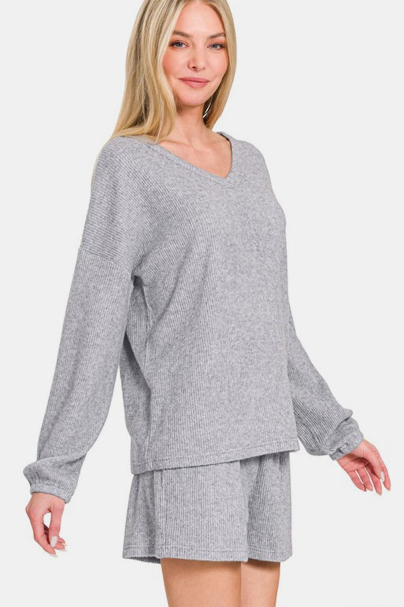 Zenana V - Neck Long Sleeve Ribbed Top and Shorts Set - S. M. & Co.