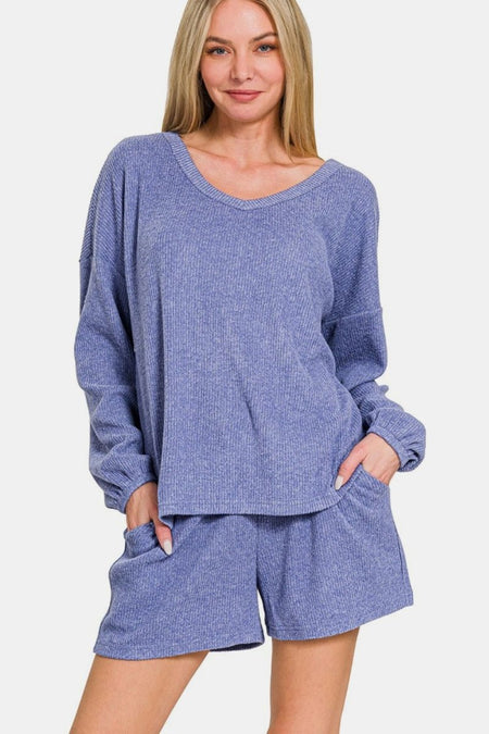 Zenana V - Neck Long Sleeve Ribbed Top and Shorts Set - S. M. & Co.