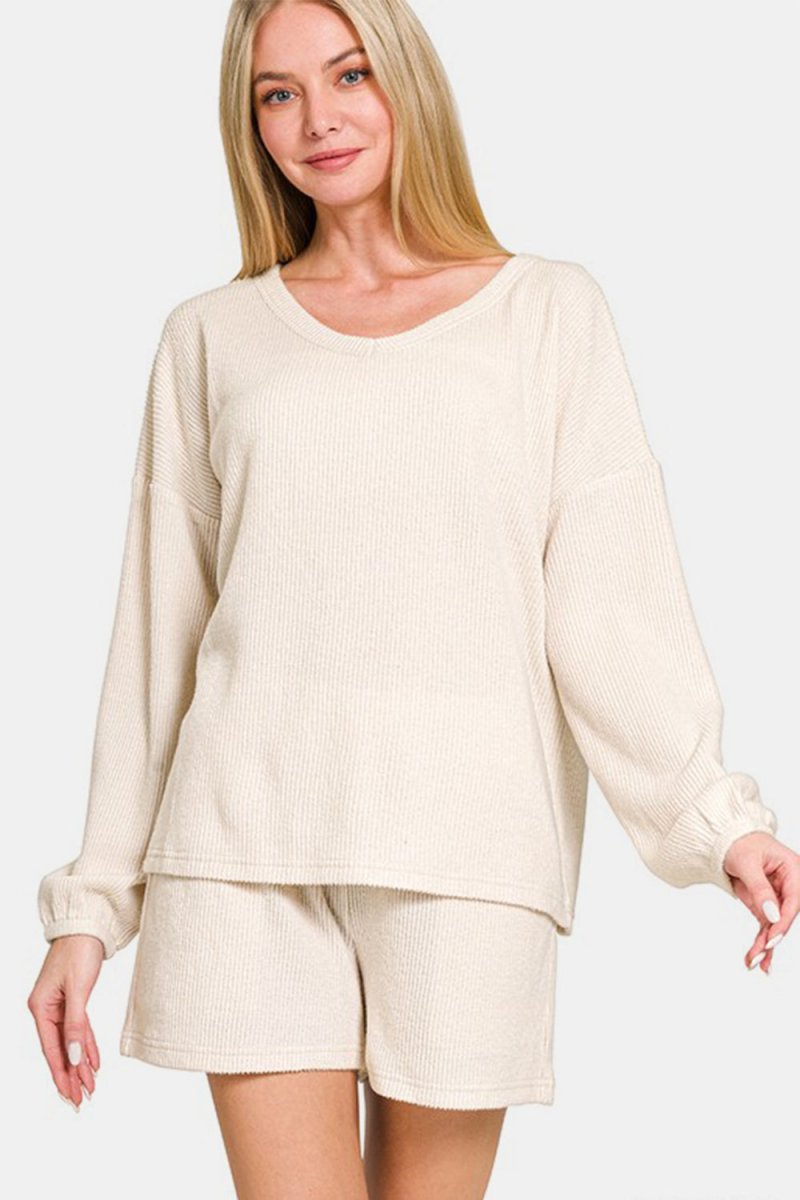 Zenana V - Neck Long Sleeve Ribbed Top and Shorts Set - S. M. & Co.