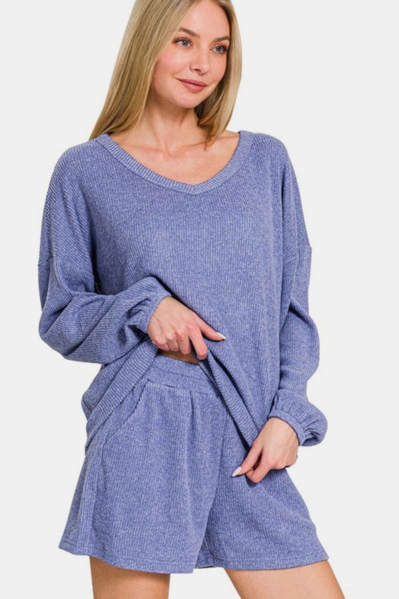 Zenana V - Neck Long Sleeve Ribbed Top and Shorts Set - S. M. & Co.