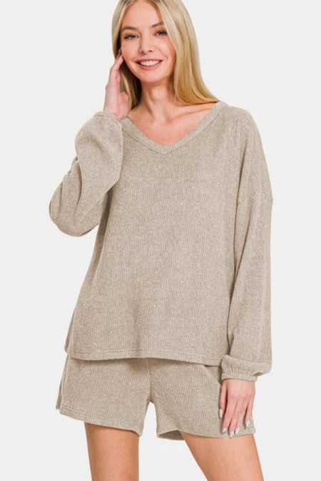 Zenana V - Neck Long Sleeve Ribbed Top and Shorts Set - S. M. & Co.