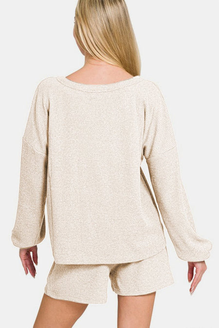 Zenana V - Neck Long Sleeve Ribbed Top and Shorts Set - S. M. & Co.