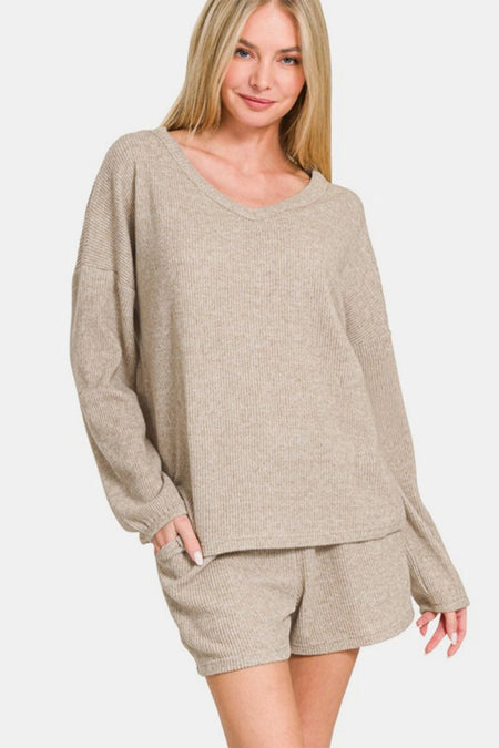 Zenana V - Neck Long Sleeve Ribbed Top and Shorts Set - S. M. & Co.