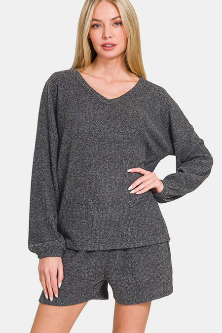 Zenana V - Neck Long Sleeve Ribbed Top and Shorts Set - S. M. & Co.