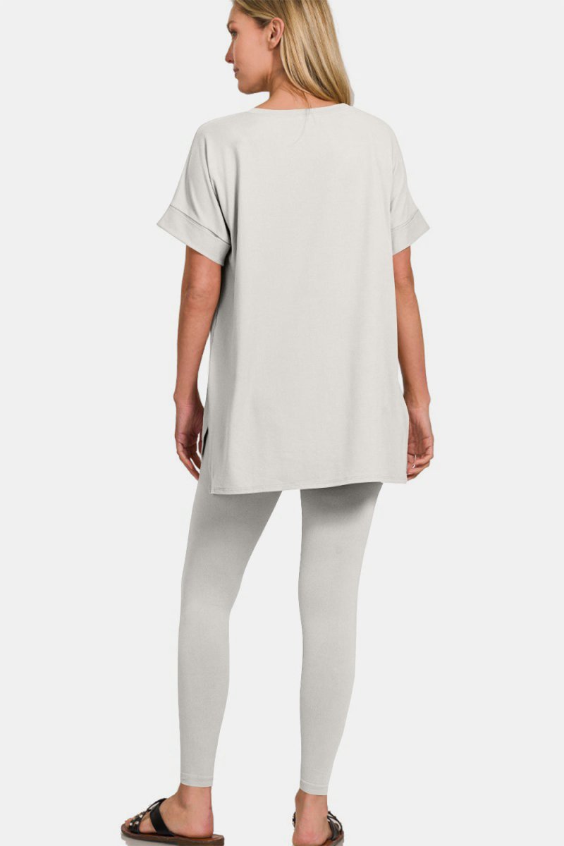 Zenana V - Neck Rolled Short Sleeve T-Shirt and Leggings Lounge Set - S. M. & Co.