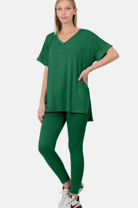 Zenana V - Neck Rolled Short Sleeve T-Shirt and Leggings Lounge Set - S. M. & Co.