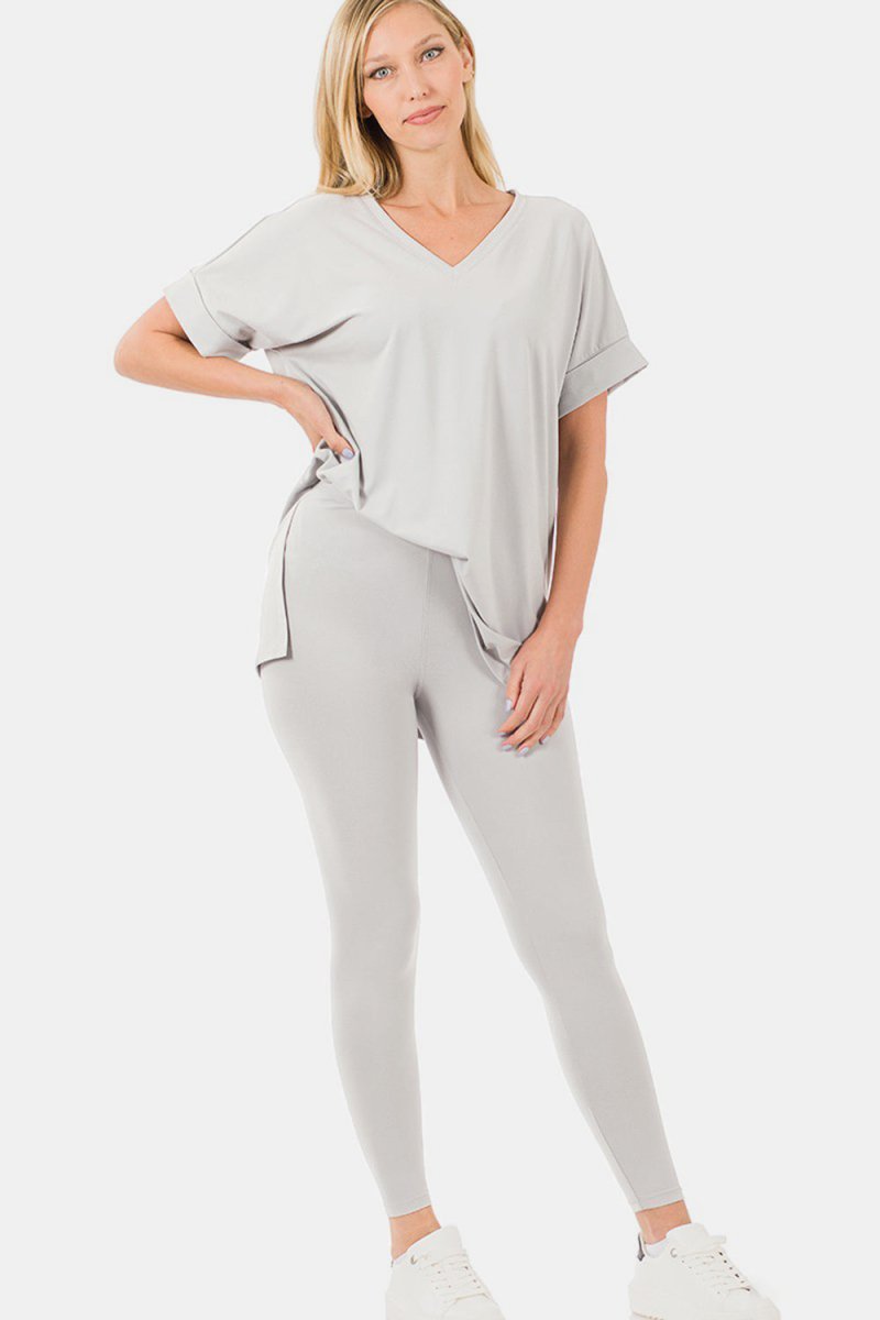 Zenana V - Neck Rolled Short Sleeve T-Shirt and Leggings Lounge Set - S. M. & Co.