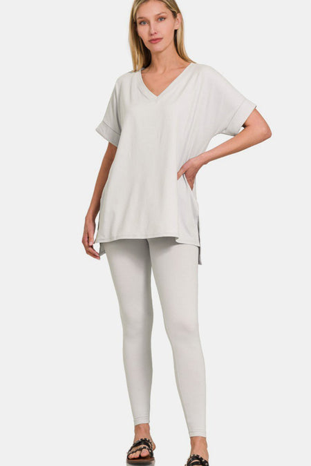 Zenana V - Neck Rolled Short Sleeve T-Shirt and Leggings Lounge Set - S. M. & Co.