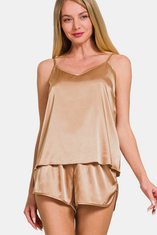 Zenana V - Neck Satin Cami and Elastic Waist Shorts Lounge Set - S. M. & Co.